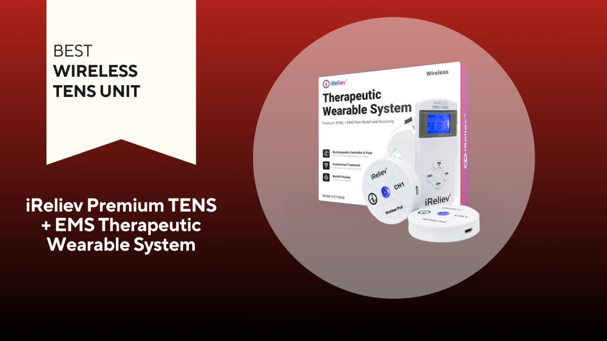 Image of an iReliev Premium TENS unit against a red background